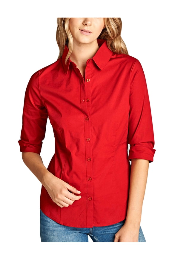 Womens Classic Solid 3/4 Sleeve Button Down Blouse Dress Shirt