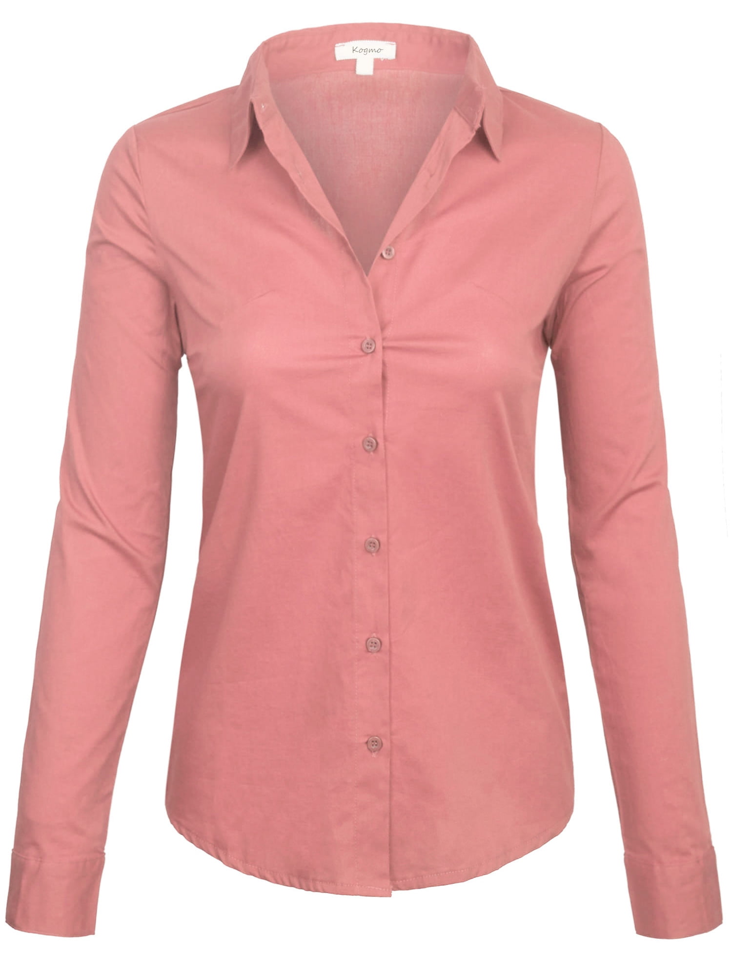 KOGMO Womens Classic Solid Long Sleeve Button Down Blouse Dress Shirt