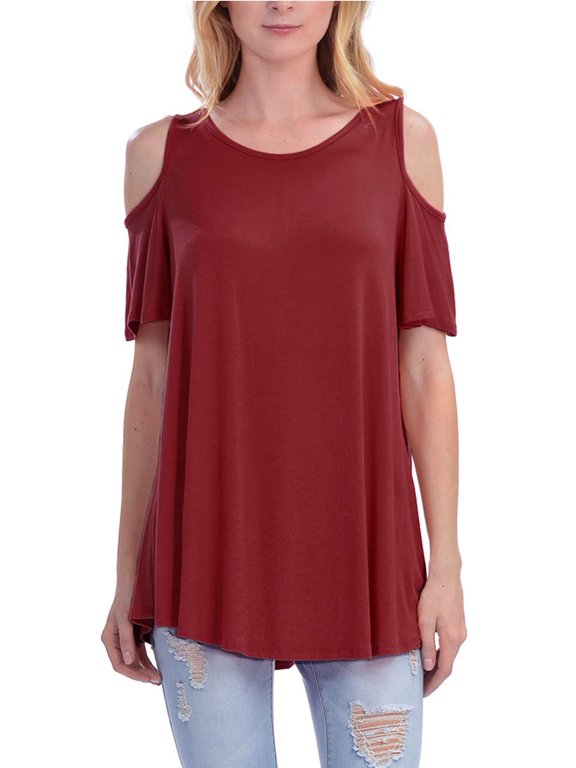Womens Cold Shoulder Short Ruffle Sleeve Tunic Top