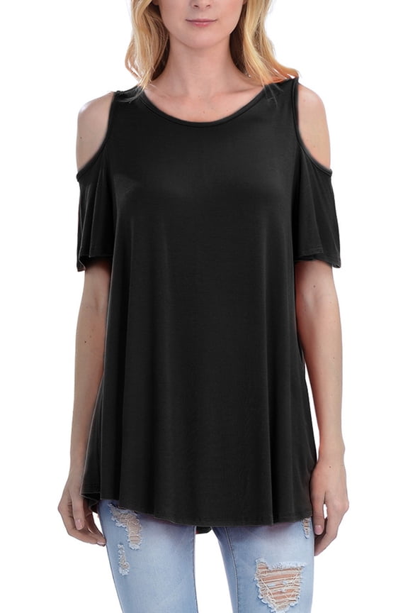 Womens Cold Shoulder Short Ruffle Sleeve Tunic Top