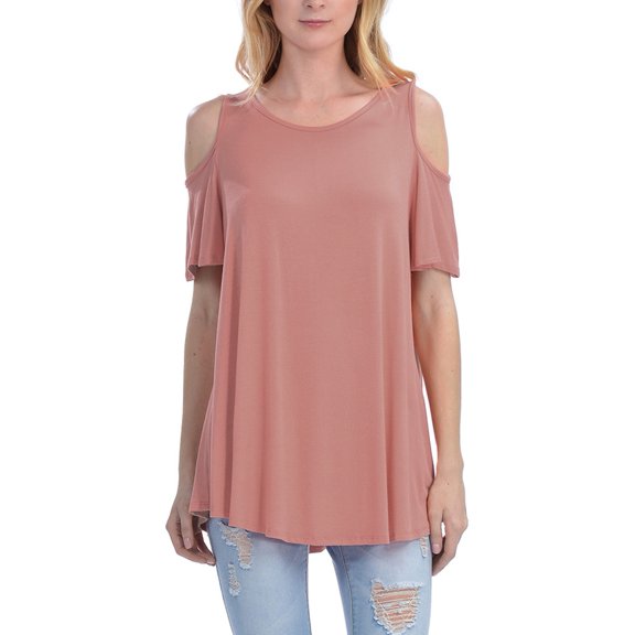 KOGMO Womens Cold Shoulder Short Ruffle Sleeve Tunic Top