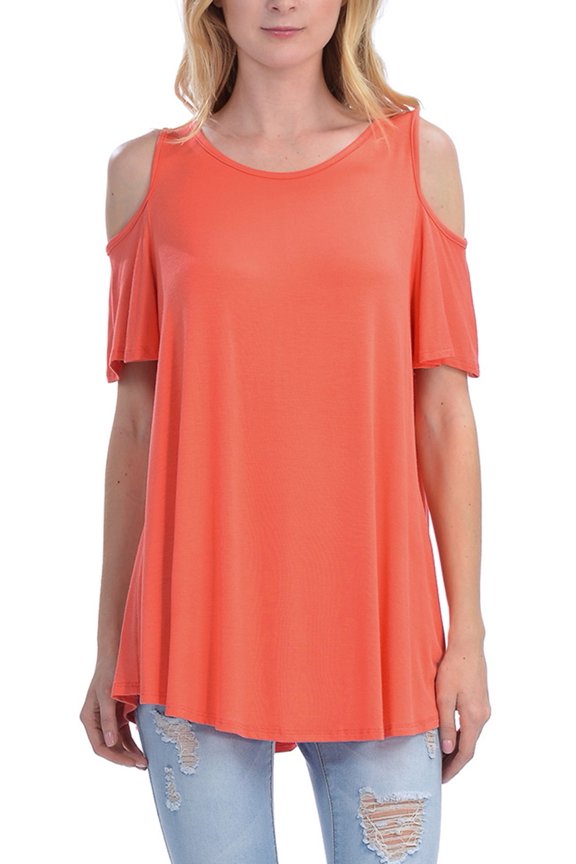 Womens Cold Shoulder Short Ruffle Sleeve Tunic Top