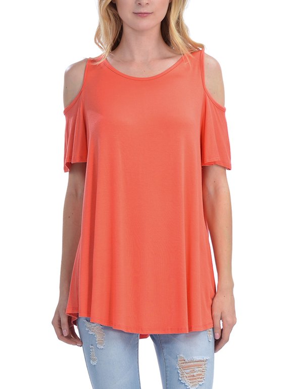 Womens Cold Shoulder Short Ruffle Sleeve Tunic Top