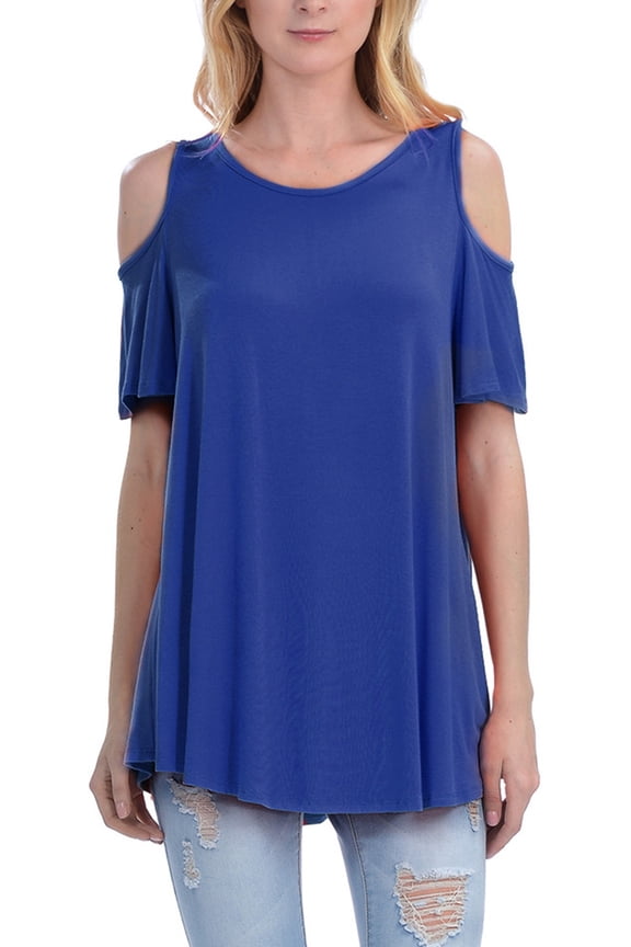 Womens Cold Shoulder Short Ruffle Sleeve Tunic Top