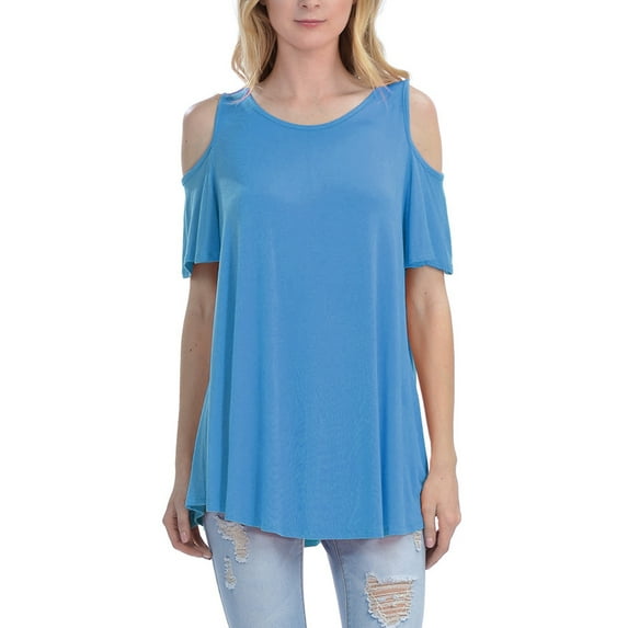 KOGMO Womens Cold Shoulder Short Ruffle Sleeve Tunic Top