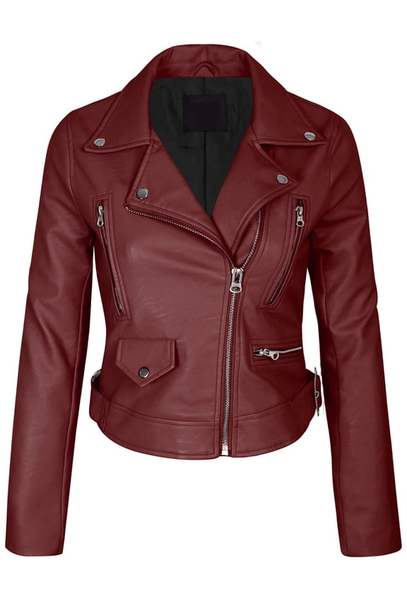 Womens Double Breasted Faux Leather Zip Up Jacket