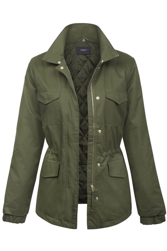 Womens Fully Lined Zip Up Anorak Jacket Detachable Faux Fur Trim-L-OLIVE