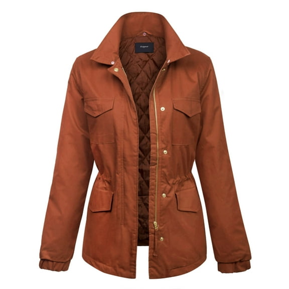 KOGMO Womens Fully Lined Zip Up Anorak Jacket Detachable Faux Fur Trim-L-RUST