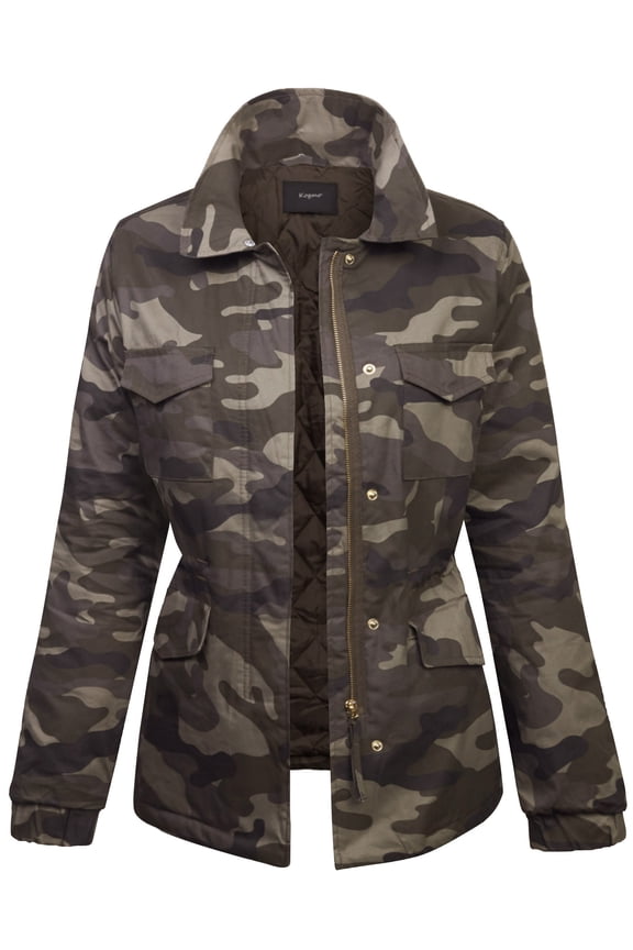 Womens Fully Lined Zip Up Anorak Jacket Detachable Faux Fur Trim-S-CAMO