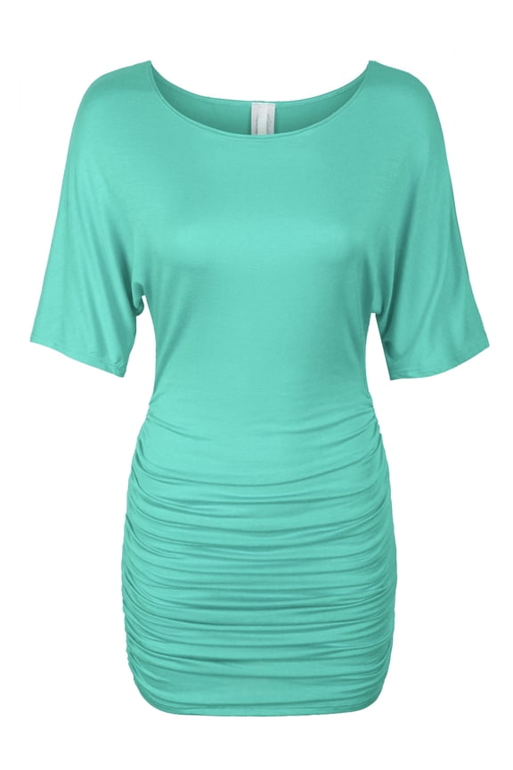 Womens Kimono Sleeve Side Shirring Ruched Dress