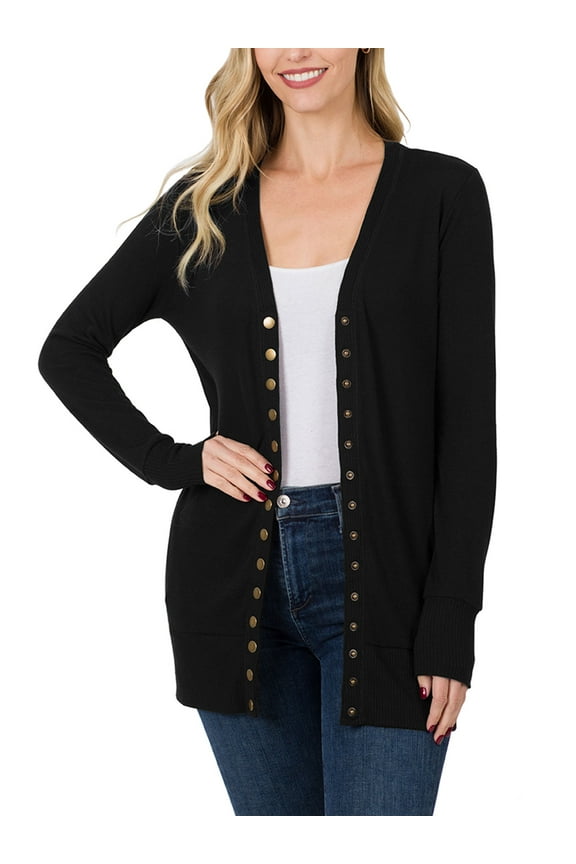 Womens Long Knit Cardigan Sweater with Pockets and Snap Buttons Detail