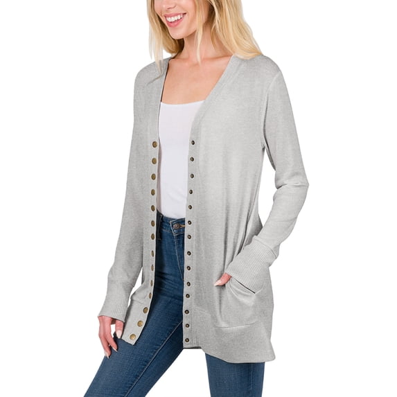 KOGMO Womens Long Knit Cardigan Sweater with Pockets and Snap Buttons Detail