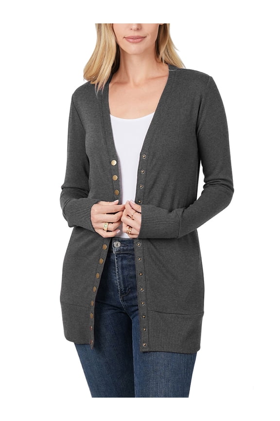 Womens Long Knit Cardigan Sweater with Pockets and Snap Buttons Detail