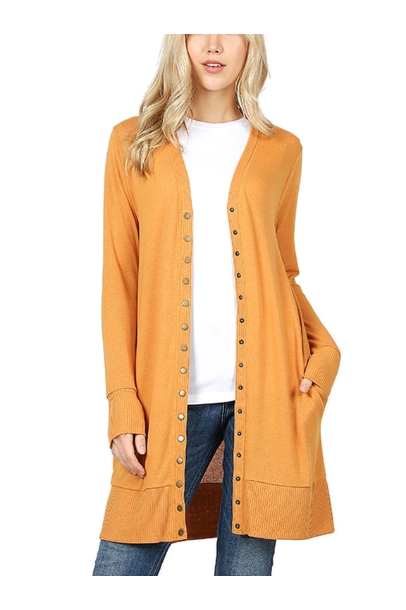 Womens Long Knit Cardigan Sweater with Snap Buttons