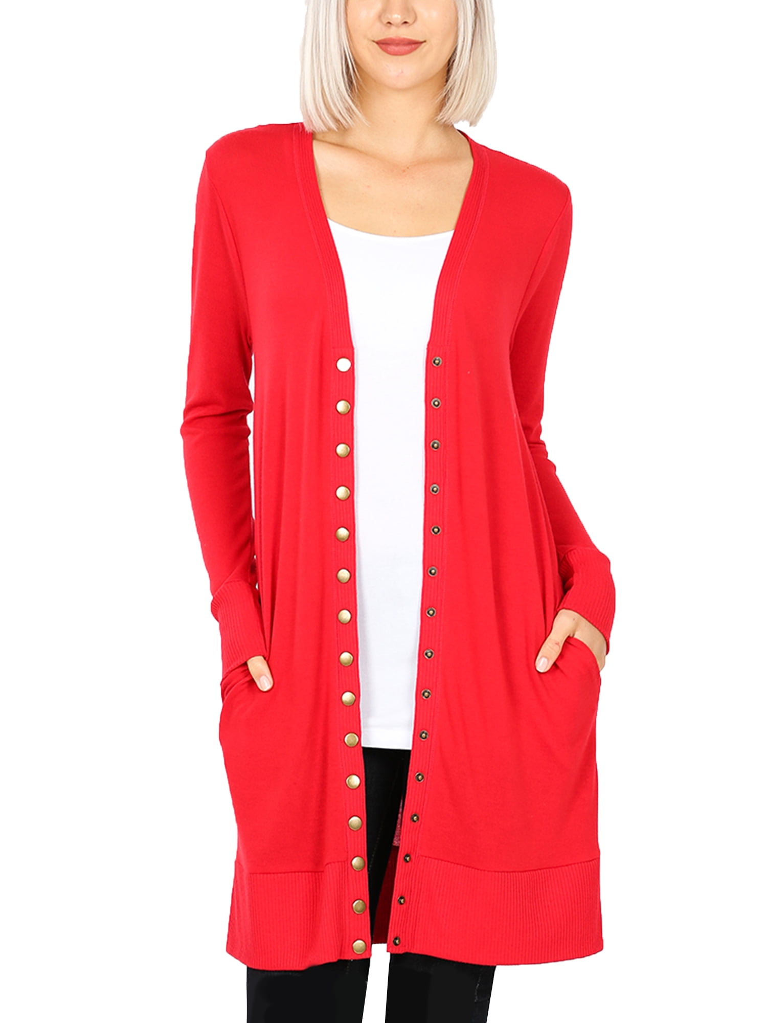 Womens Long Knit Cardigan Sweater with Snap Buttons