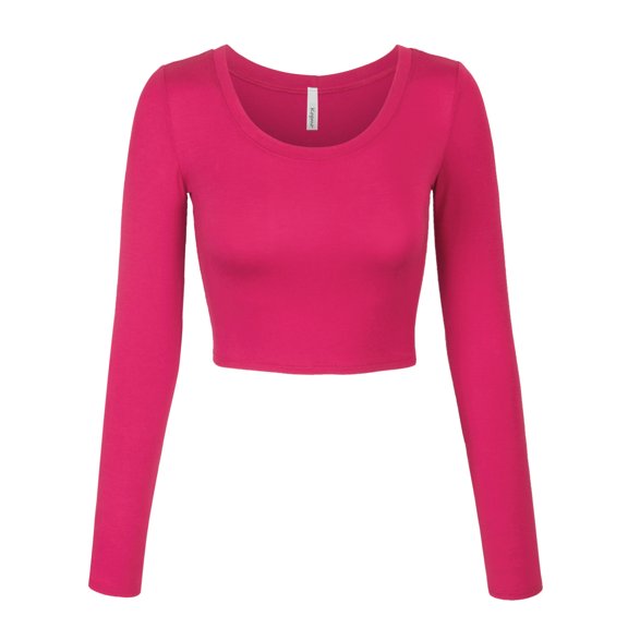 KOGMO Womens Long Sleeve Crop Top Solid Round Neck T Shirt
