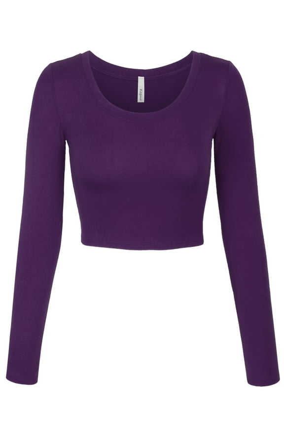 Womens Long Sleeve Crop Top Solid Round Neck T Shirt