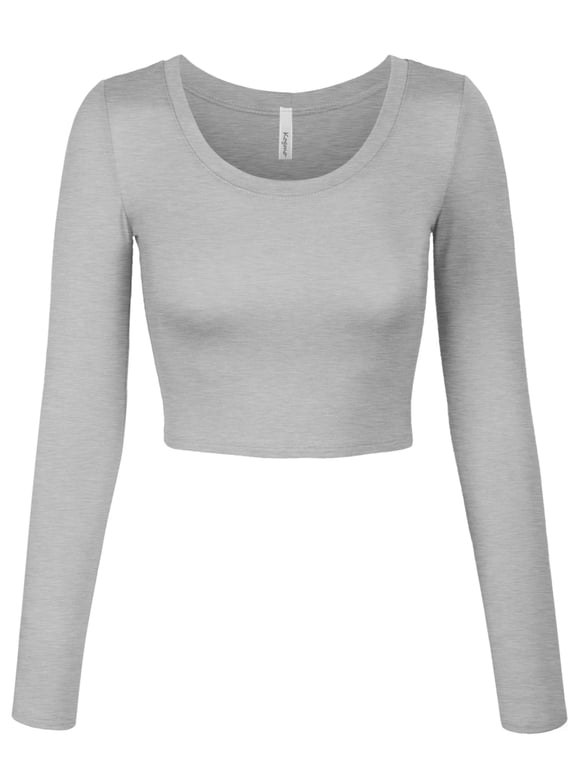 Womens Long Sleeve Crop Top Solid Round Neck T Shirt