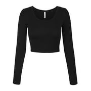 KOGMO Womens Long Sleeve Crop Top Solid Round Neck T Shirt