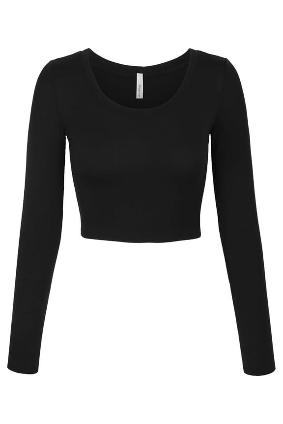 Womens Long Sleeve Crop Top Solid Round Neck T Shirt