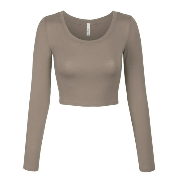 KOGMO Womens Long Sleeve Crop Top Solid Round Neck T Shirt