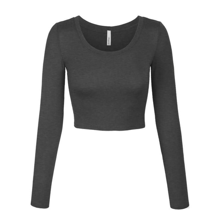 KOGMO Womens Long Sleeve Crop Top Solid Round Neck T Shirt 