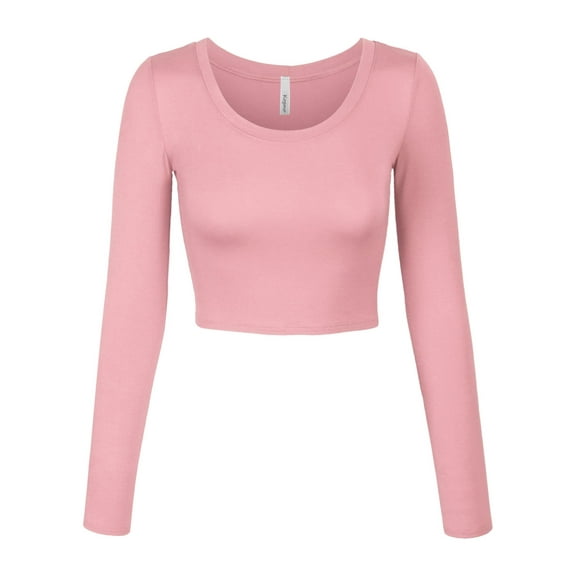 KOGMO Womens Long Sleeve Crop Top Solid Round Neck T Shirt