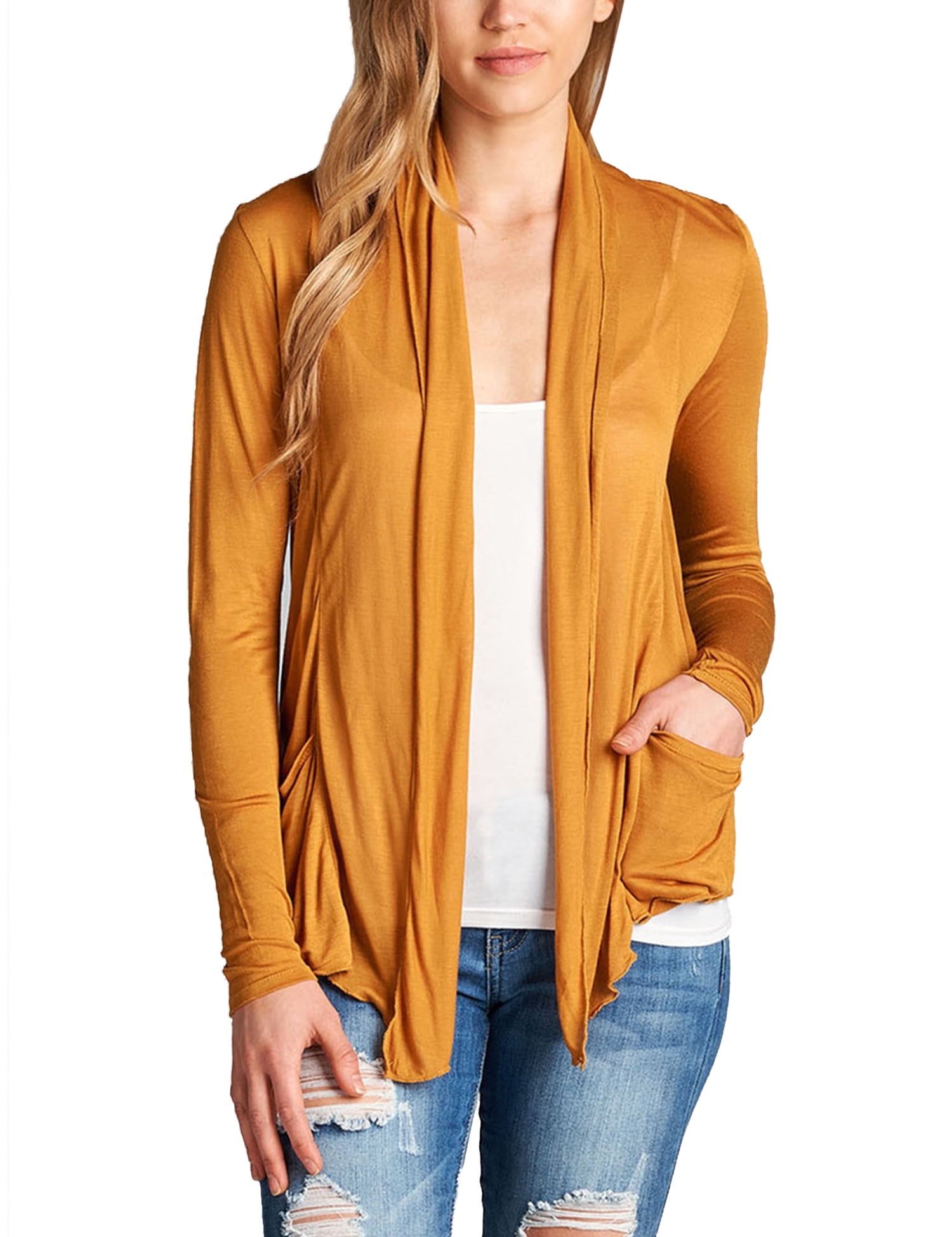 Women's Rolled Sleeve Flyaway Cardigan With Pockets - Soft Rayon Spandez Open Front