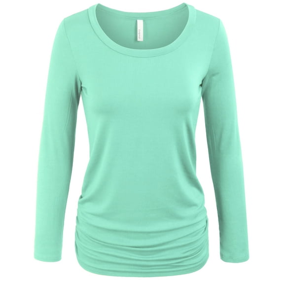 KOGMO Womens Long Sleeve Solid Basic Drape Top Side Shirring Tunic (S-3X)