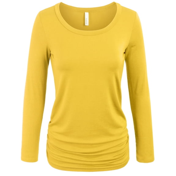 KOGMO Womens Long Sleeve Solid Basic Drape Top Side Shirring Tunic (S-3X)