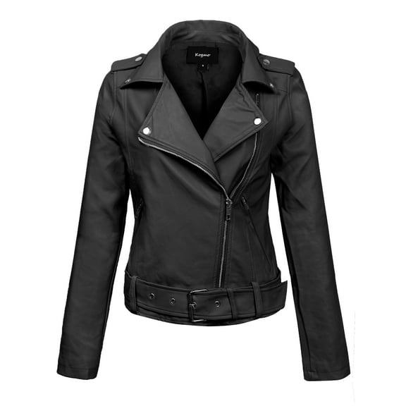 KOGMO Womens MOTO PU Vegan Leather Jacket with Belt