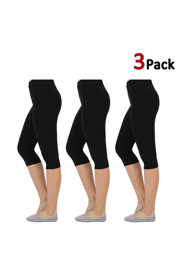 Womens Premium Cotton Comfortable Stretch Capri Leggings 15in Inseam 3-Pack
