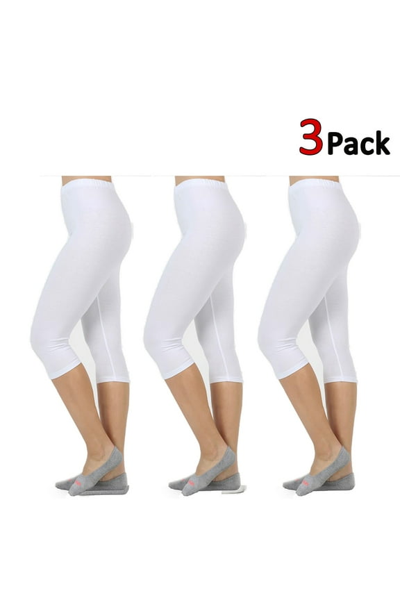 Womens Premium Cotton Comportable Stretch Capri Leggings 15in Inseam 3-Pack
