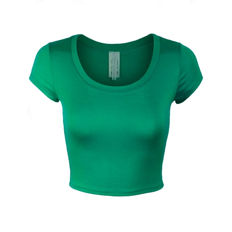 KOGMO Womens Short Sleeve Crop Top Solid Round Neck T Shirt 