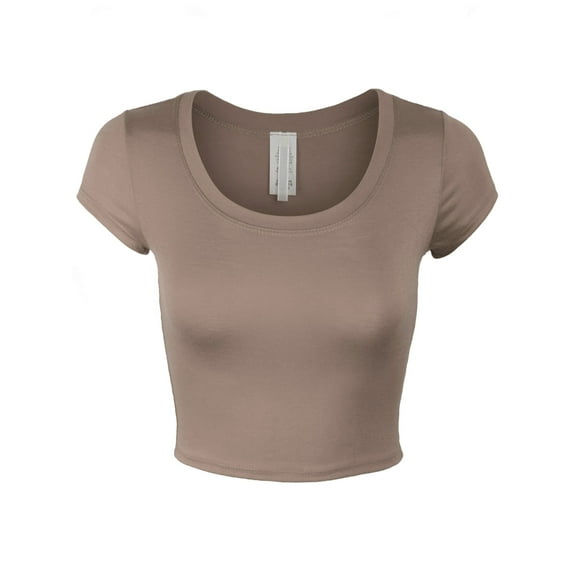 KOGMO Womens Short Sleeve Crop Top Solid Round Neck T Shirt