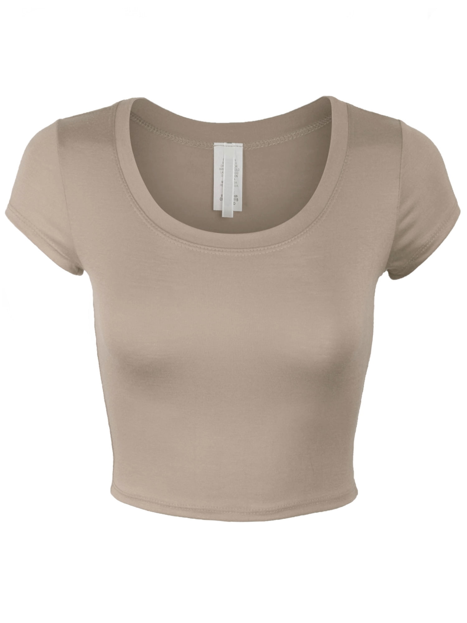KOGMO Womens Short Sleeve Crop Top Solid Round Neck T Shirt