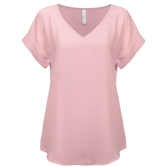 KOGMO Womens Short Sleeve V Neck Solid Woven Top Tee (S-3X)
