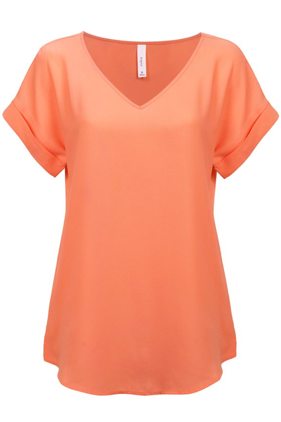 Womens Short Sleeve V Neck Solid Woven Top Tee (S-3X)