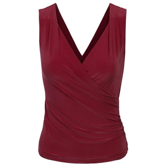 KOGMO Womens Sleeveless Side Wrap Ruched Shirred Slim Fit V-neck Top Shirts