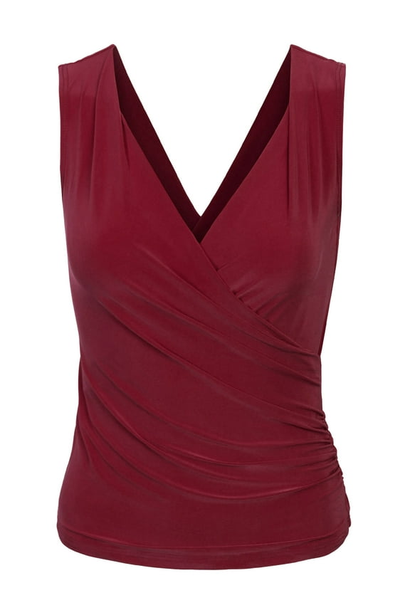 Womens Sleeveless Side Wrap Ruched Shirred Slim Fit V-neck Top Shirts