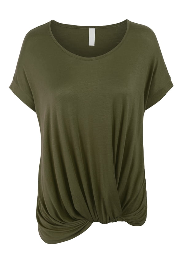 Womens Solid Basic Boatneck Dolman Top with Knot on Hemline (S-3X)