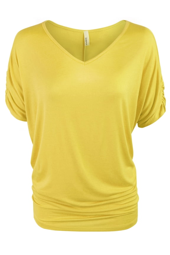 Womens Solid Basic V neck Dolman Tunic Top with Sleeve Shirring