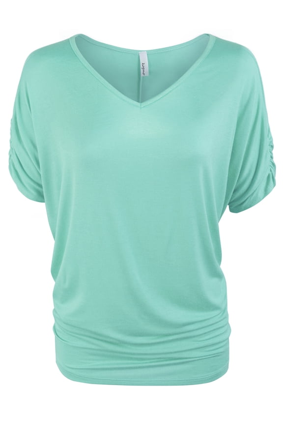 Womens Solid Basic V neck Dolman Tunic Top with Sleeve Shirring