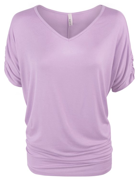 Womens Solid Basic V neck Dolman Tunic Top with Sleeve Shirring