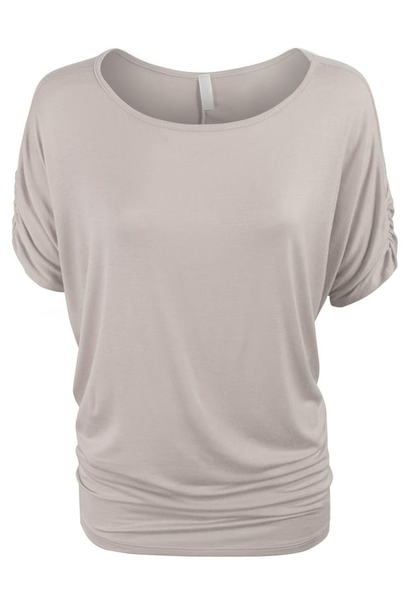 Womens Solid Basic Womens Boatneck Dolman Top with Sleeve Shirring (S-3X)