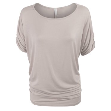 KOGMO Womens Solid Basic Womens Boatneck Dolman Top with Sleeve Shirring (S-3X)