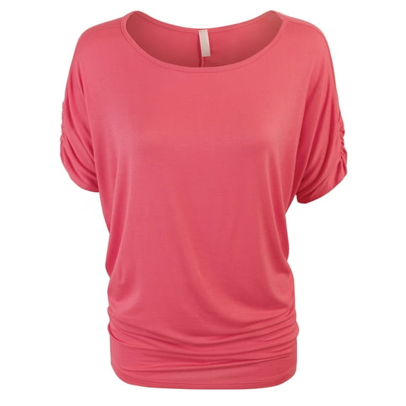 KOGMO Womens Solid Basic Womens Boatneck Dolman Top with Sleeve Shirring (S-3X)
