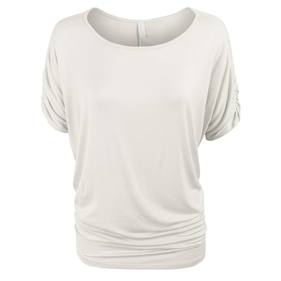 KOGMO Womens Solid Basic Womens Boatneck Dolman Top with Sleeve Shirring (S-3X)