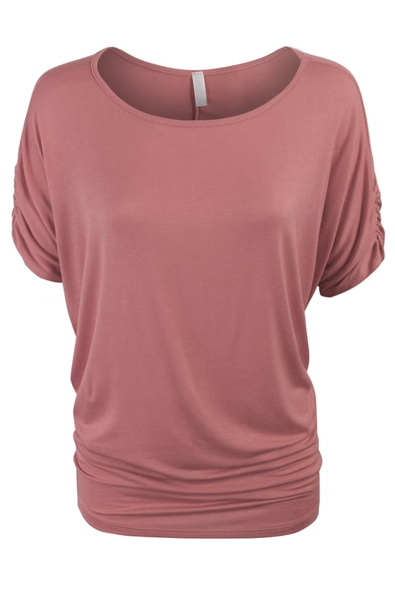Womens Solid Basic Womens Boatneck Dolman Top with Sleeve Shirring (S-3X)