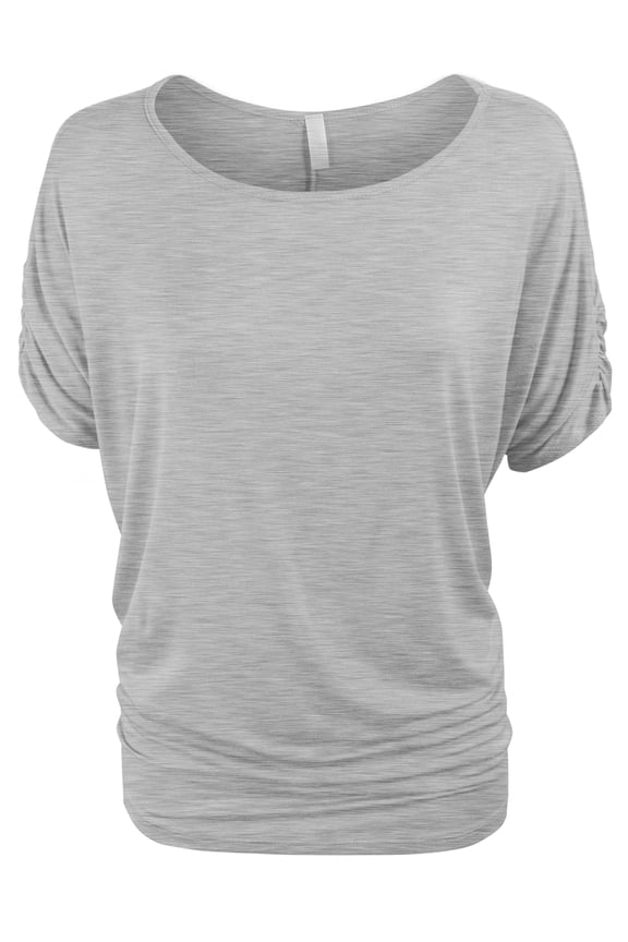 Womens Solid Basic Womens Boatneck Dolman Top with Sleeve Shirring (S-3X)